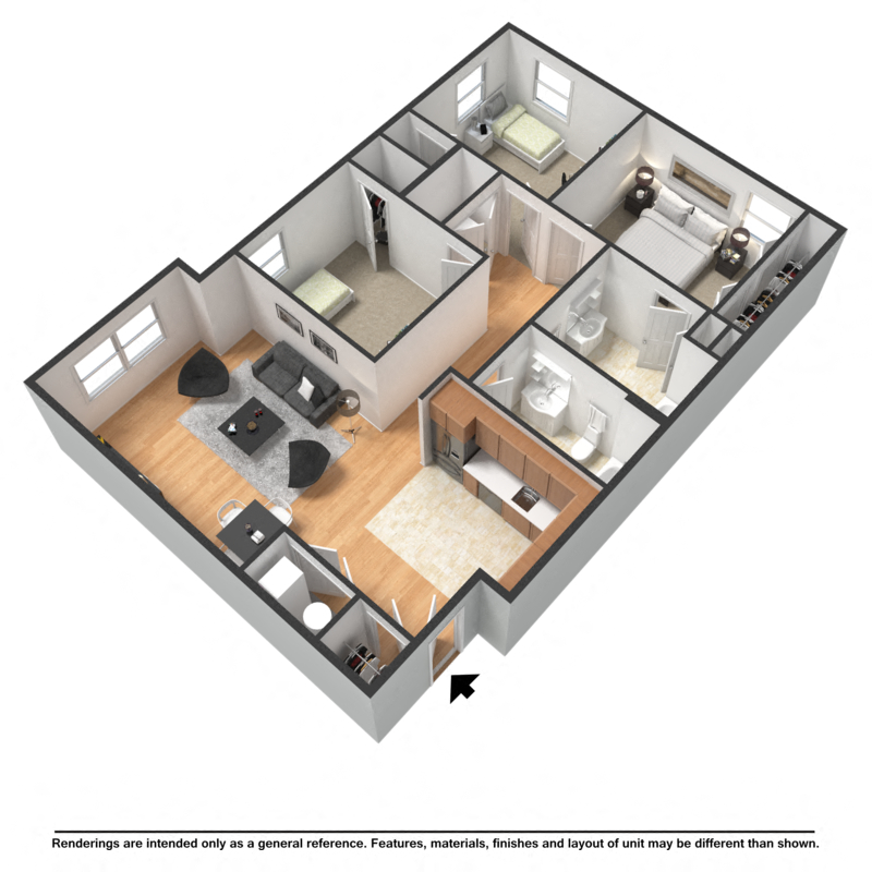 Floor plan for 3 beds, 2 baths, 1113 sqft
